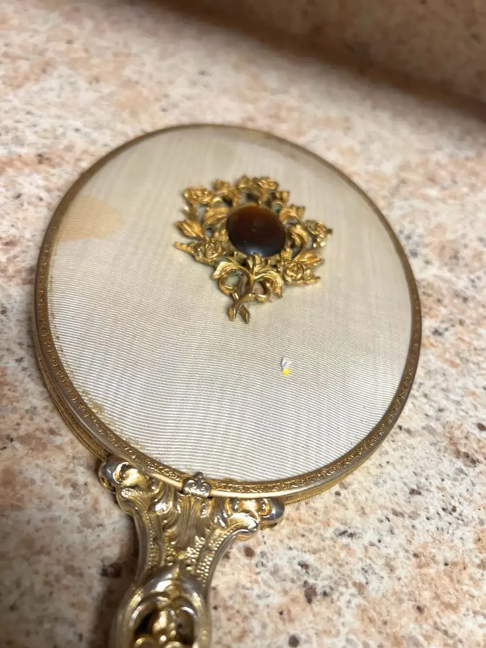 Vintage Ornate Gilt Bronze Hand Held Vanity Mirror Cream m Cabochon Stone